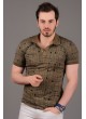 Çizgili Desenli Polo Yaka Haki T-Shirt