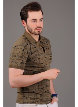 Çizgili Desenli Polo Yaka Haki T-Shirt