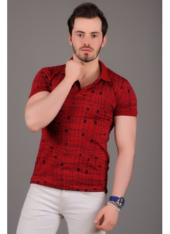 Çizgili Desenli Polo Yaka Kırmızı T-Shirt
