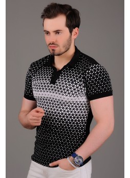 Beyaz Desenli Polo Yaka Siyah T-Shirt