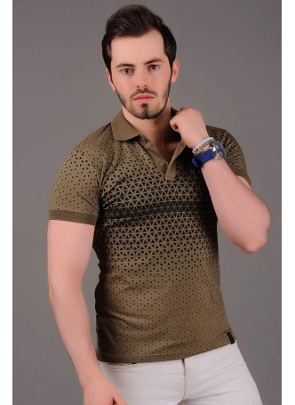 Siyah Desenli Polo Yaka Haki T-Shirt