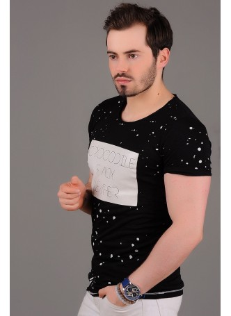 Benekli Baskılı Sİyah T-shirt