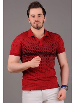 Siyah Desenli Polo Yaka Kırmızı T-Shirt