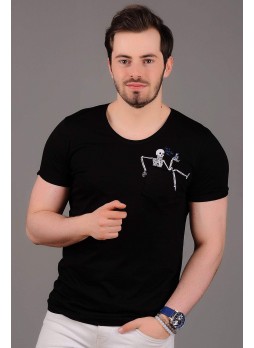 Iskelet Baskılı Cepli Siyah T-Shirt