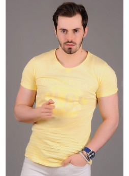 Ön Tırtıklı Parlak Baskılı Sarı T-shirt