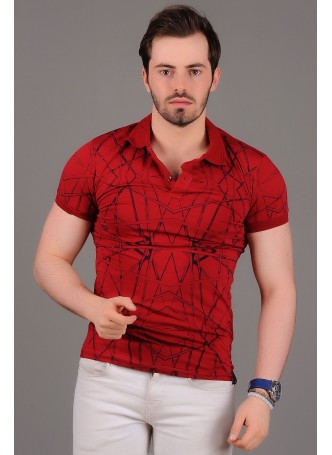 Çizgili Desenli Polo Yaka Kırmızı T-shirt