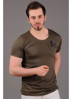 Iskelet Baskılı Cepli Haki T-Shirt
