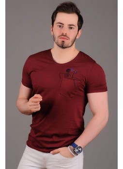 Iskelet Baskılı Cepli Bordo T-Shirt