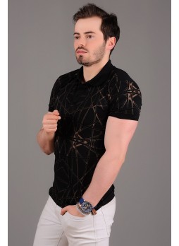 Çizgili Desenli Polo Yaka Siyah T-shirt