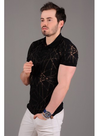 Çizgili Desenli Polo Yaka Siyah T-shirt