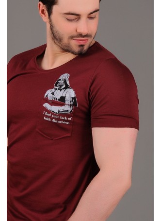 Darth Vader Baskılı Cepli Bordo T-Shirt