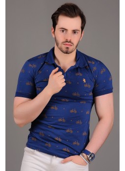 Bisiklet Desenli Polo Yaka Mavi T-shirt