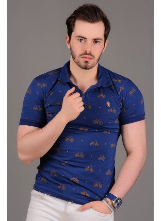 Bisiklet Desenli Polo Yaka Mavi T-shirt