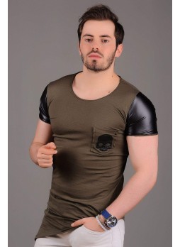 Omuz Deri Detay Haki T-Shirt