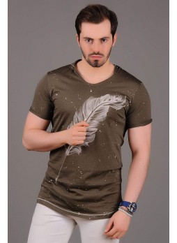 Tüy Baskılı Kapşonlu Haki T-Shirt