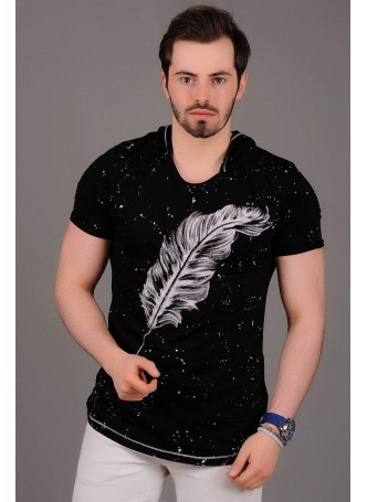 Tüy Baskılı Kapşonlu Siyah T-Shirt