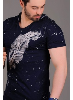 Tüy Baskılı Kapşonlu Lacivert T-Shirt