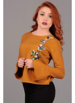 Kolları Salaş Çiçek Motifli Kahve Bluz