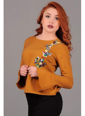 Kolları Salaş Çiçek Motifli Kahve Bluz