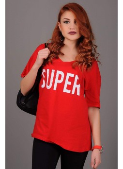 Super Baskılı V Yaka Kırmızı T-shirt