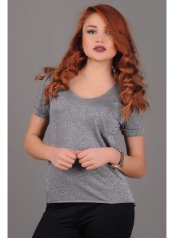 Salaş V Yaka Gri Parlak T-shirt