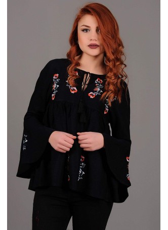 Çiçek Desenli Kolları Salaş Siyah  Bluz