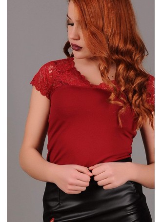 Üstü Dantelli Bordo Bluz