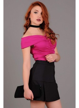 Geniş Omuzlu Büzgülü Pembe Bluz