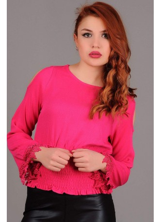 Kol Dantel Küpürlü Omuz Açık Fuşya Bluz