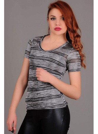 V Yaka Çizgili Simli T-shirt