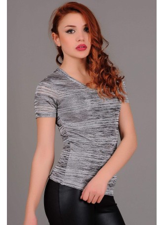 V Yaka Çizgili Simli T-shirt