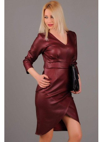 Derin V Bordo Deri Elbise
