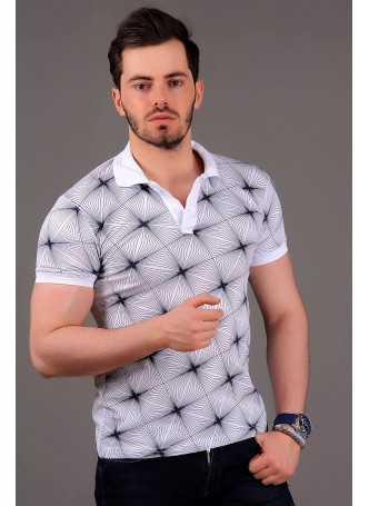 Yıldız Desenli Polo Yaka Beyaz T-shirt