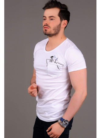 İskelet Cepli Beyaz T-shirt