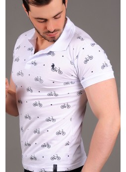 Bisiklet Desen Polo Yaka BeyazT-shirt