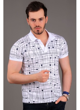 Çizgili Desenli Polo Yaka Beyaz T-shirt