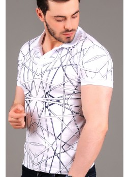 Çizgili Desenli Polo Yaka Beyaz T-shirt