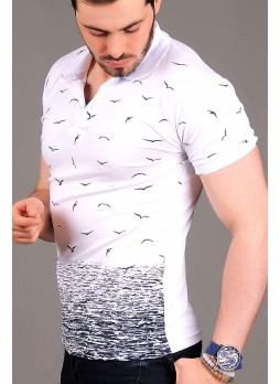 Martılı Polo Yaka Beyaz T-shirt