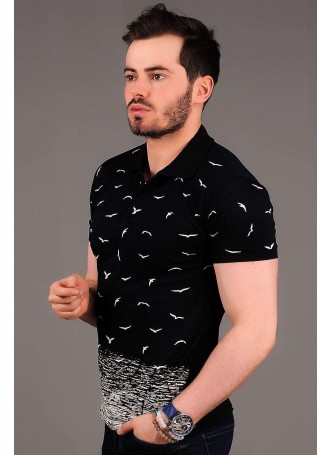 Martılı Polo Yaka Siyah T-shirt