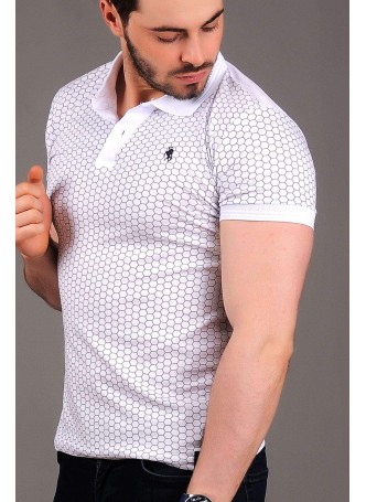 Petek Desen Beyaz Polo Yaka T-shirt