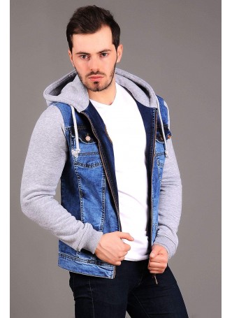 Gri Kapşonlu Fermuarlı Kot Ceket