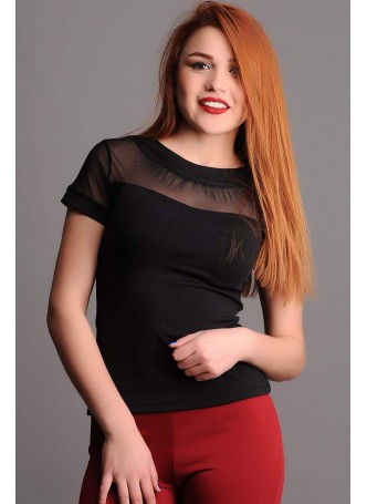 Sırt V Tül Yaka Siyah Bluz