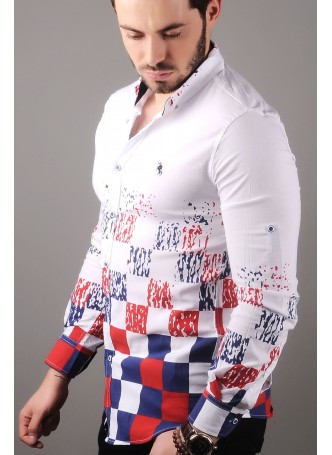 Bordo Lacivert Kareli Desenli Beyaz Gömlek