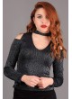 Pencereli Omuz Açık Simli Füme Bluz