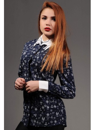 Çapa Desenli Kedili Yaka Lacivert Gömlek