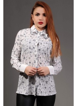 Çapa Desenli Kedili Yaka Beyaz Gömlek