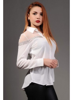 Omuz Tül Taşlı Beyaz Gömlek
