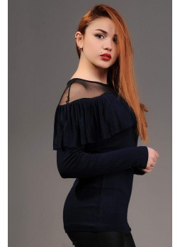 Omuz Tül Fırfırlı Lacivert Bluz