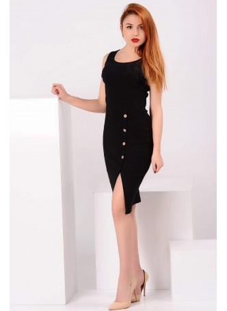 Düğmeli Kolsuz Siyah Elbise