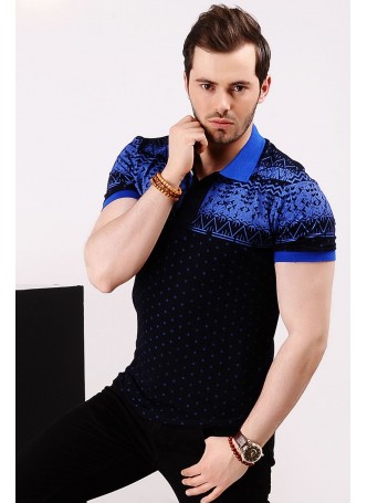 Desenli Polo Yaka Lacivert T-shirt